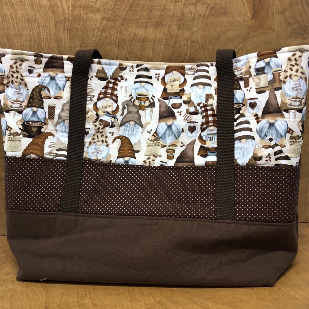 LG Coffee Gnome Tote Bag Pockets Handmade Cotton Canvas Reusable Mocha Java Gift
